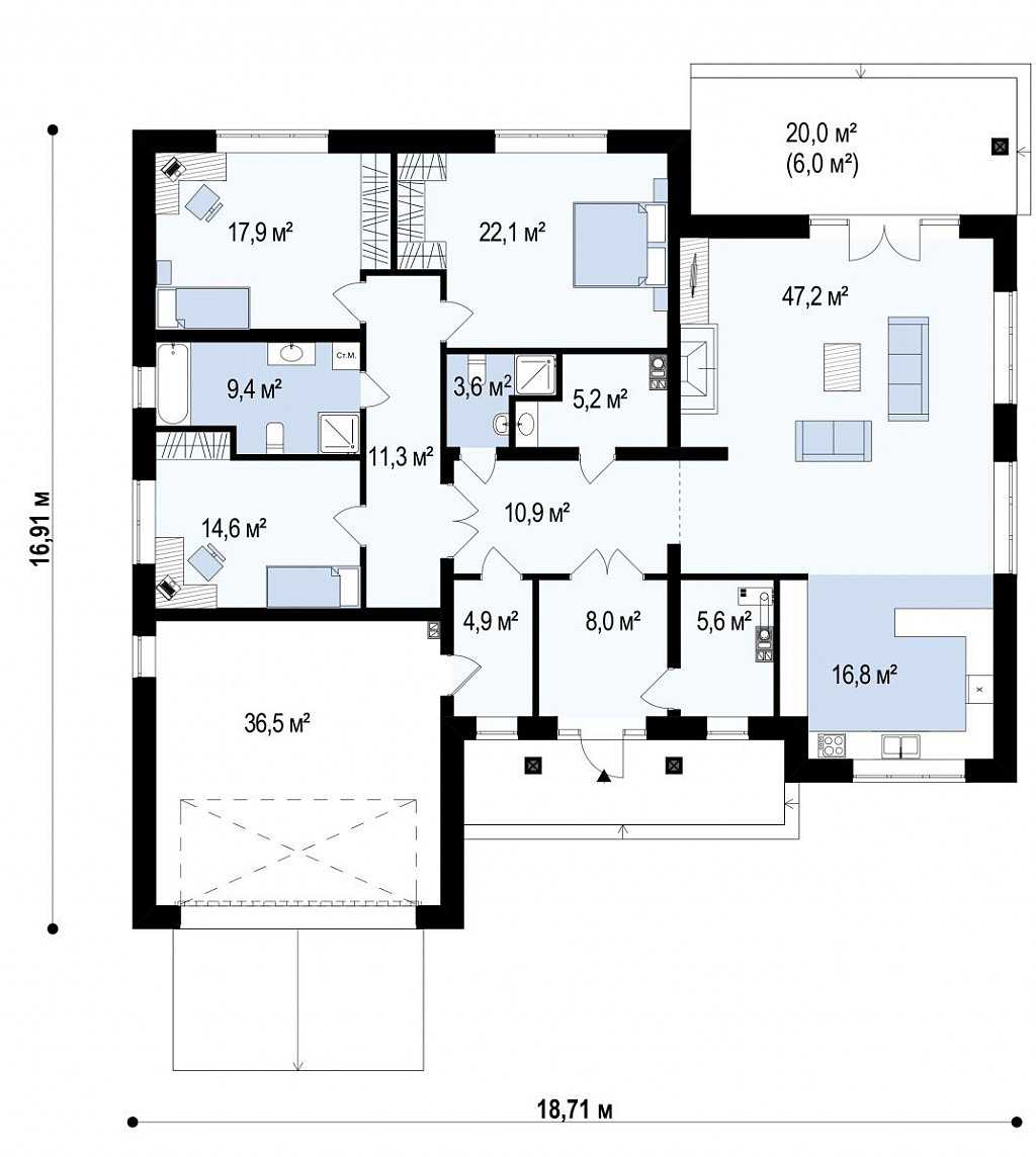 Одноэтажный дом с гаражом для 2-х авто - дом из СИП-панелей • Бобёр Строй